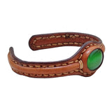 Handcrafted Genuine Brown Vegetal Leather Bracelet with Green Cat Eye Stone Setting-Unique Gift Fashion Jewelry Cuff Wristband