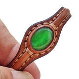 Handcrafted Genuine Brown Vegetal Leather Bracelet with Green Cat Eye Stone Setting-Unique Gift Fashion Jewelry Cuff Wristband
