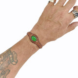 Handcrafted Genuine Brown Vegetal Leather Bracelet with Green Cat Eye Stone Setting-Unique Gift Fashion Jewelry Cuff Wristband