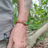 Handcrafted Genuine Brown Vegetal Leather Bracelet with Green Cat Eye Stone Setting-Unique Gift Fashion Jewelry Cuff Wristband