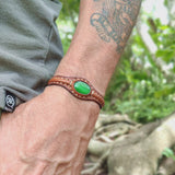 Handcrafted Genuine Brown Vegetal Leather Bracelet with Green Cat Eye Stone Setting-Unique Gift Fashion Jewelry Cuff Wristband