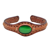 Handcrafted Genuine Brown Vegetal Leather Bracelet with Green Cat Eye Stone Setting-Unique Gift Fashion Jewelry Cuff Wristband