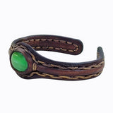 Handcrafted Genuine Brown Color Vegetal Leather Bracelet with Green Cat Eye Stone Setting-Lifestyle Gift Fashion Jewelry Cuff Bangle