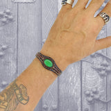 Handcrafted Genuine Brown Color Vegetal Leather Bracelet with Green Cat Eye Stone Setting-Lifestyle Gift Fashion Jewelry Cuff Bangle