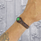 Handcrafted Genuine Brown Color Vegetal Leather Bracelet with Green Cat Eye Stone Setting-Lifestyle Gift Fashion Jewelry Cuff Bangle