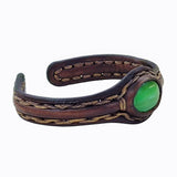 Handcrafted Genuine Brown Color Vegetal Leather Bracelet with Green Cat Eye Stone Setting-Lifestyle Gift Fashion Jewelry Cuff Bangle