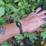 Handcrafted Genuine Brown Color Vegetal Leather Bracelet with Green Cat Eye Stone Setting-Lifestyle Gift Fashion Jewelry Cuff Bangle