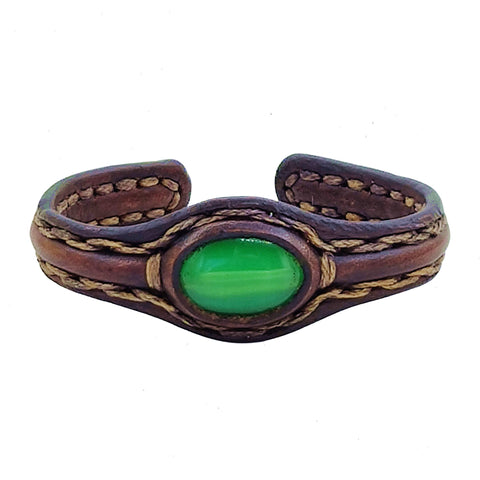 Handcrafted Genuine Brown Color Vegetal Leather Bracelet with Green Cat Eye Stone Setting-Lifestyle Gift Fashion Jewelry Cuff Bangle