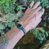 Handcrafted Genuine Green Color Vegetal Leather Bracelet with Black Agate Stone Setting-Lifestyle Gift Fashion Jewelry Cuff Bangle