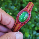 Handcrafted Genuine Brown Color Vegetal Leather Bracelet with Green Cat Eye Stone Setting-Lifestyle Gift Fashion Jewelry Cuff Bangle