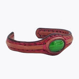 Handcrafted Genuine Brown Color Vegetal Leather Bracelet with Green Cat Eye Stone Setting-Lifestyle Gift Fashion Jewelry Cuff Bangle