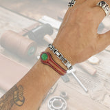 Handcrafted Genuine Brown Color Vegetal Leather Bracelet with Green Cat Eye Stone Setting-Lifestyle Gift Fashion Jewelry Cuff Bangle