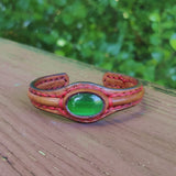 Handcrafted Genuine Brown Color Vegetal Leather Bracelet with Green Cat Eye Stone Setting-Lifestyle Gift Fashion Jewelry Cuff Bangle