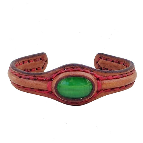 Handcrafted Genuine Brown Color Vegetal Leather Bracelet with Green Cat Eye Stone Setting-Lifestyle Gift Fashion Jewelry Cuff Bangle