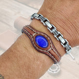 Handcrafted Genuine Brown Vegetal Leather Bracelet with Blue Cat Eye Stone Setting-Unisex Gift Fashion Jewelry Cuff-Wristband