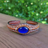 Handcrafted Genuine Brown Vegetal Leather Bracelet with Blue Cat Eye Stone Setting-Unisex Gift Fashion Jewelry Cuff-Wristband