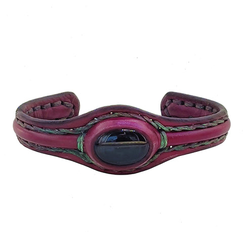 Unique Handcrafted Maroon Vegetal Leather Bracelet with Black Agate Stone Setting-Unique Gift Fashion Jewelry Cuff-Wristband