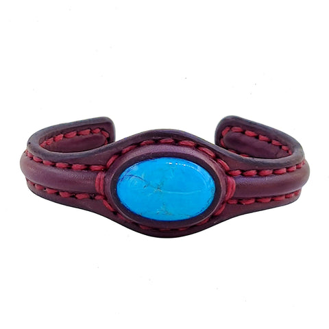 Handcrafted Genuine Maroon Vegetal Leather Bracelet with Firuze Stone-Unisex Gift Fashion Jewelry Natural Stone Cuff Wristband