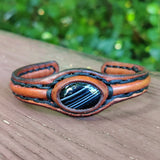 Unique Handcrafted Brown Vegetal Leather Bracelet with Black Agate Stone Setting-Unique Gift Fashion Jewelry Cuff-Wristband