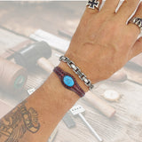 Handcrafted Genuine Maroon Vegetal Leather Bracelet with Firuze Stone-Unisex Gift Fashion Jewelry Natural Stone Cuff Wristband