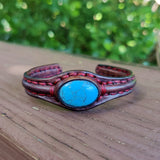 Handcrafted Genuine Maroon Vegetal Leather Bracelet with Firuze Stone-Unisex Gift Fashion Jewelry Natural Stone Cuff Wristband