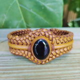 Unique Handcrafted Brown Vegetal Braided Leather Bracelet with Black Agate Stone Setting-Unique Gift Fashion Jewelry Cuff-Wristband