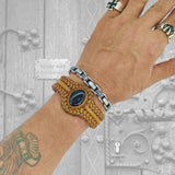 Unique Handcrafted Brown Vegetal Braided Leather Bracelet with Black Agate Stone Setting-Unique Gift Fashion Jewelry Cuff-Wristband