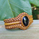 Unique Handcrafted Brown Vegetal Braided Leather Bracelet with Black Agate Stone Setting-Unique Gift Fashion Jewelry Cuff-Wristband