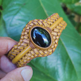 Unique Handcrafted Brown Vegetal Braided Leather Bracelet with Black Agate Stone Setting-Unique Gift Fashion Jewelry Cuff-Wristband