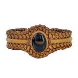 Unique Handcrafted Brown Vegetal Braided Leather Bracelet with Black Agate Stone Setting-Unique Gift Fashion Jewelry Cuff-Wristband