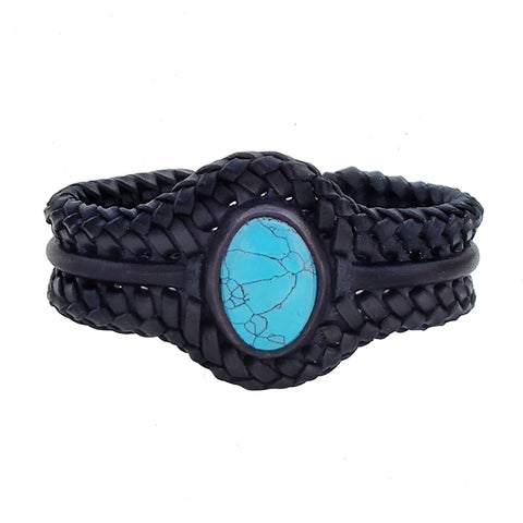 Bohemian Handcrafted Braided Black Vegetal Leather Bracelet with Firuze Stone Setting-Unisex Gift Fashion Jewelry Wristband
