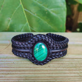 Unique Handcrafted Black Vegetal Braided Leather Bracelet with Malachite Stone Setting-Unique Gift Fashion Jewelry Cuff-Wristband