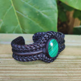 Unique Handcrafted Black Vegetal Braided Leather Bracelet with Malachite Stone Setting-Unique Gift Fashion Jewelry Cuff-Wristband