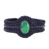 Unique Handcrafted Black Vegetal Braided Leather Bracelet with Malachite Stone Setting-Unique Gift Fashion Jewelry Cuff-Wristband