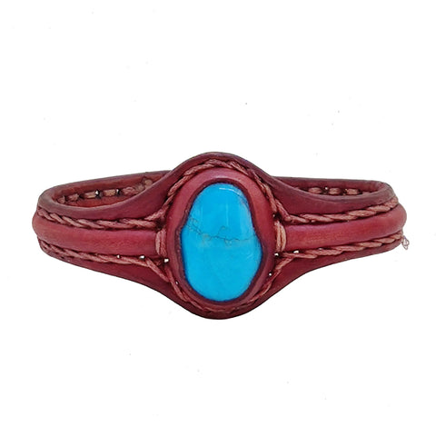 Bohemian Handcrafted Genuine Maroon Vegetal Leather Bracelet with Firuze Stone-Unisex Gift Fashion Jewelry Natural Stone Cuff Wristband