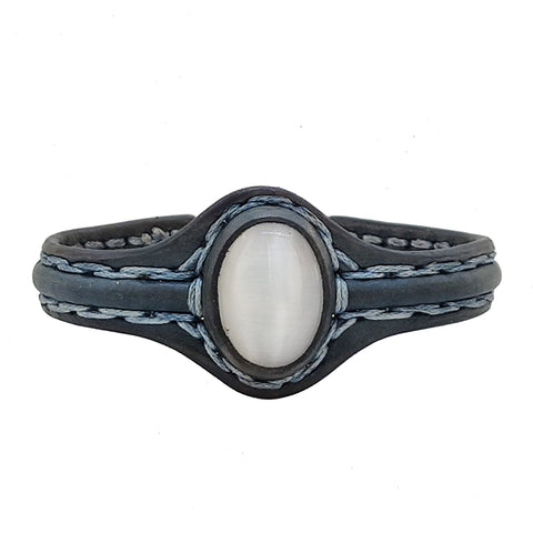 Bohemian Handcrafted Genuine Vegetal Leather Bracelet with White Cat Eye Stone Setting-Lifestyle Unisex Gift Fashion Jewelry Cuff
