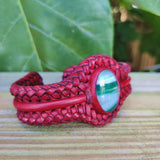 Unique Handcrafted Vegetal Braided Maroon Leather Bracelet with Green Agate Stone-Unisex Gift Fashion Jewelry with Naturel Stone Cuff
