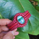 Unique Handcrafted Vegetal Braided Maroon Leather Bracelet with Green Agate Stone-Unisex Gift Fashion Jewelry with Naturel Stone Cuff