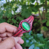 Unique Handcrafted Genuine Maroon Color Vegetal Leather Bracelet with Green Cat Eye Stone Setting-Lifestyle Gift Fashion Jewelry Cuff Bangle