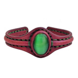 Unique Handcrafted Genuine Maroon Color Vegetal Leather Bracelet with Green Cat Eye Stone Setting-Lifestyle Gift Fashion Jewelry Cuff Bangle