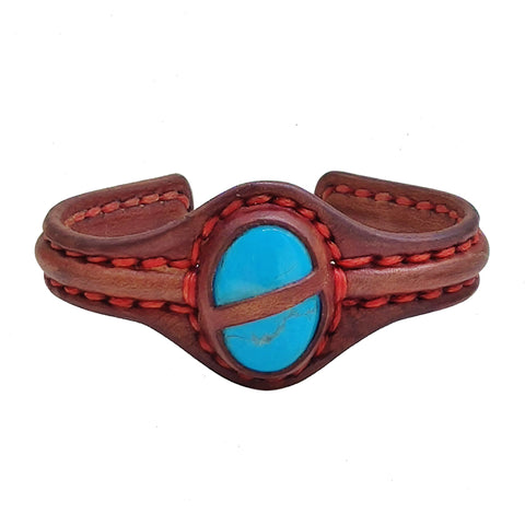 Bohemian Handcrafted Genuine Brown Vegetal Leather Bracelet with Firuze Stone Setting-Unisex Gift Fashion Jewelry Cuff