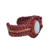 Bohemian Handcrafted Braided Vegetal Brown Leather Bracelet with White Cat Eye Stone Setting-Lifestyle Unisex Gift Fashion Jewelry Cuff