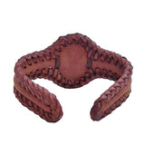 Bohemian Handcrafted Braided Vegetal Brown Leather Bracelet with White Cat Eye Stone Setting-Lifestyle Unisex Gift Fashion Jewelry Cuff