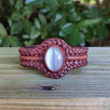 Bohemian Handcrafted Braided Vegetal Brown Leather Bracelet with White Cat Eye Stone Setting-Lifestyle Unisex Gift Fashion Jewelry Cuff