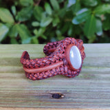 Bohemian Handcrafted Braided Vegetal Brown Leather Bracelet with White Cat Eye Stone Setting-Lifestyle Unisex Gift Fashion Jewelry Cuff