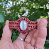 Bohemian Handcrafted Braided Vegetal Brown Leather Bracelet with White Cat Eye Stone Setting-Lifestyle Unisex Gift Fashion Jewelry Cuff