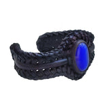 Bohemian Handcrafted Genuine Vegetal Braided Black Leather Bracelet with Blue Cat Eye Stone Setting-Unisex Gift Fashion Jewelry Wristband