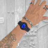 Bohemian Handcrafted Genuine Vegetal Braided Black Leather Bracelet with Blue Cat Eye Stone Setting-Unisex Gift Fashion Jewelry Wristband