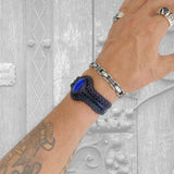 Bohemian Handcrafted Genuine Vegetal Braided Black Leather Bracelet with Blue Cat Eye Stone Setting-Unisex Gift Fashion Jewelry Wristband