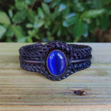 Bohemian Handcrafted Genuine Vegetal Braided Black Leather Bracelet with Blue Cat Eye Stone Setting-Unisex Gift Fashion Jewelry Wristband
